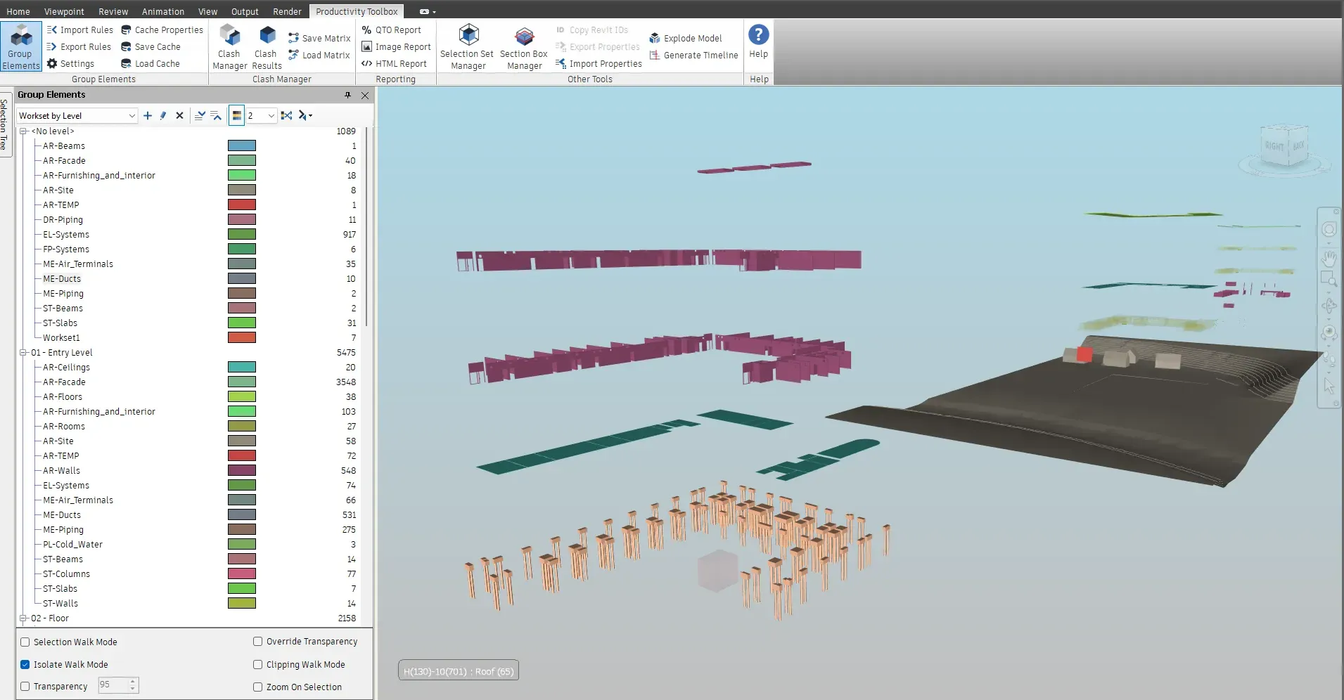 Group Elements pane with a Workset by Level grouping and the model exploded: levels pulled apart vertically and worksets spread along one axis