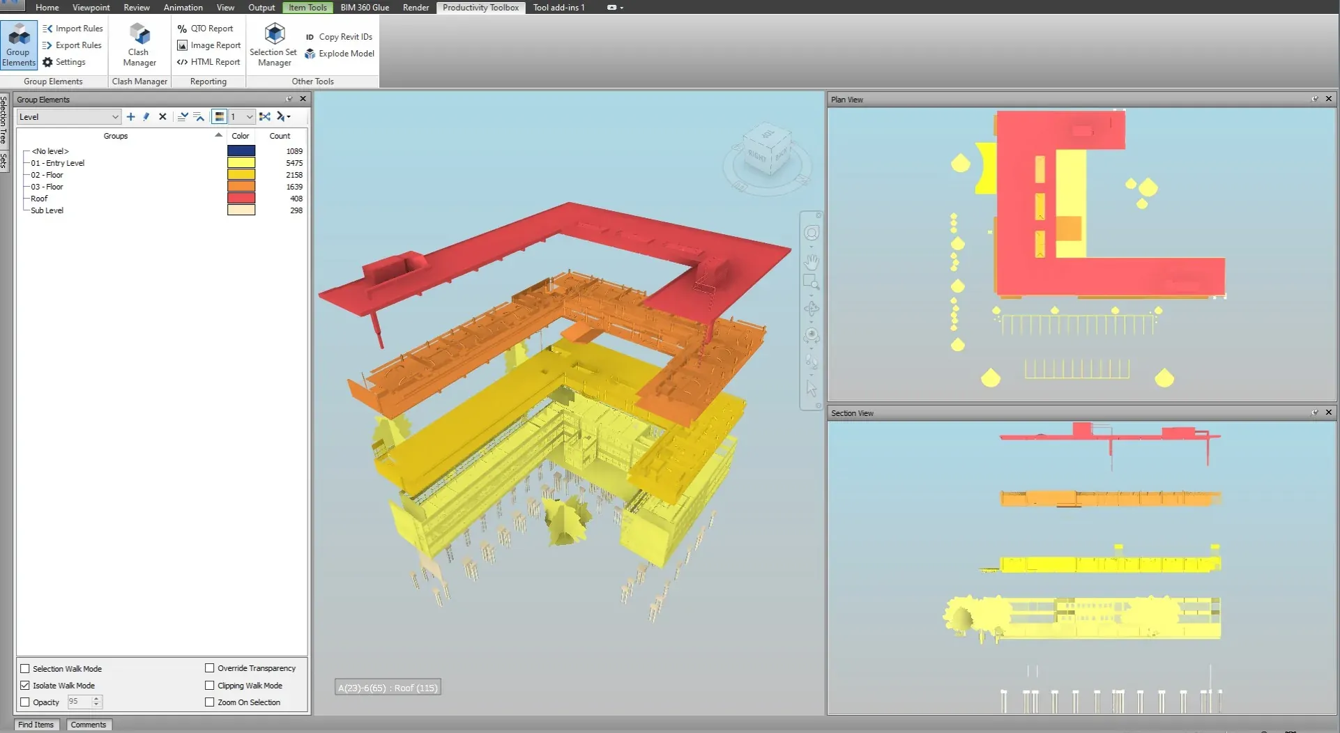 Tri-pane viewport with 3D, plan, and section views colour-coded by building level