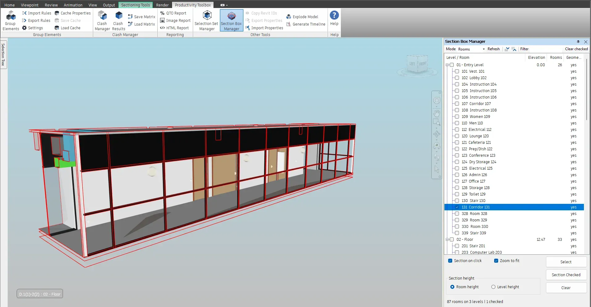 Section Box Manager pane in Rooms mode with Corridor 131 checked and the model sectioned to that room, Zoom to fit on