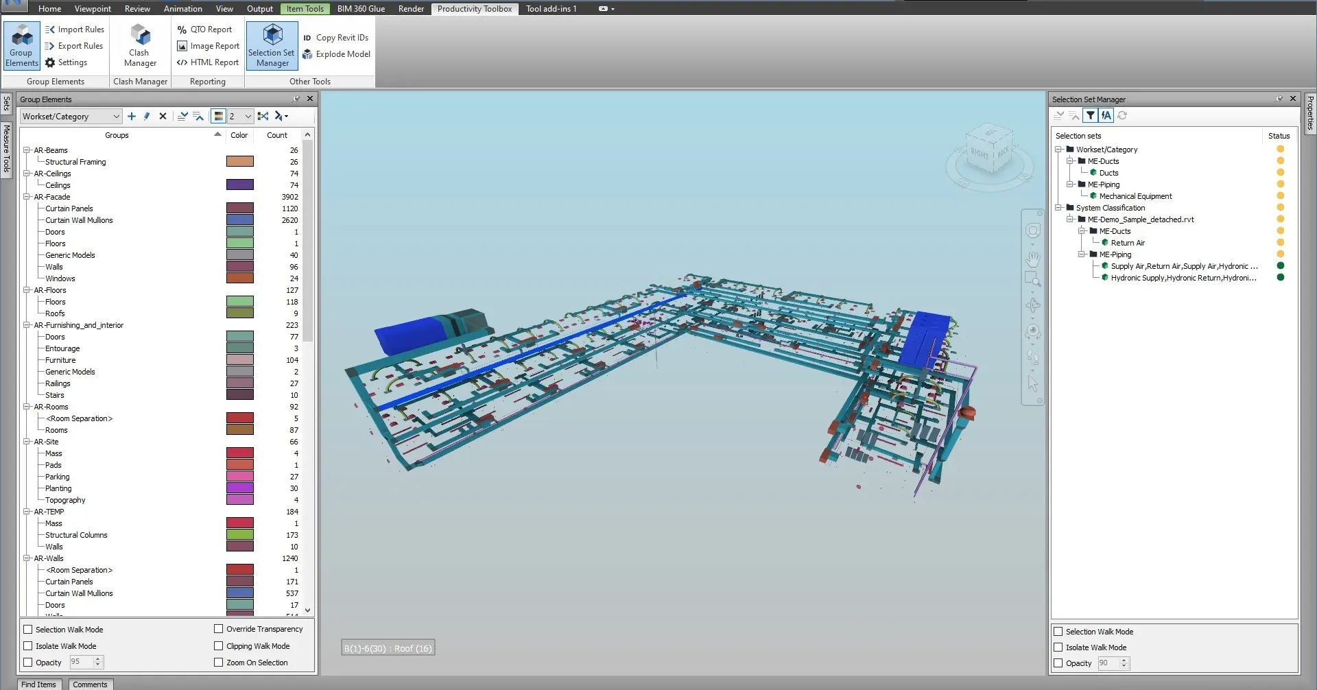 Selection Set Manager panel with a hierarchical MEP system classification and highlighted ductwork in the viewport