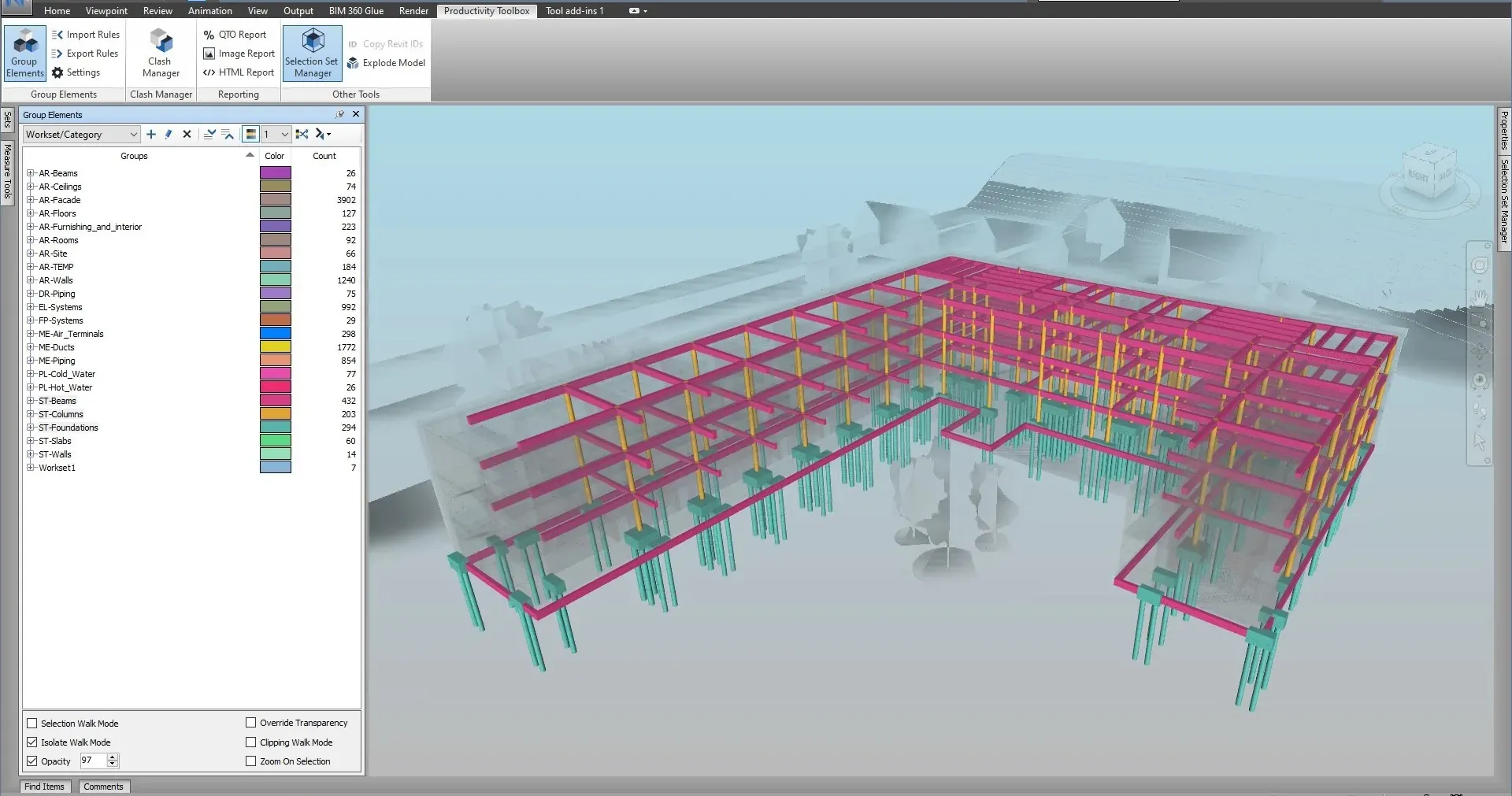 Productivity Toolbox ribbon active in Navisworks with the Group Elements panel showing workset categories and a color-coded federated model