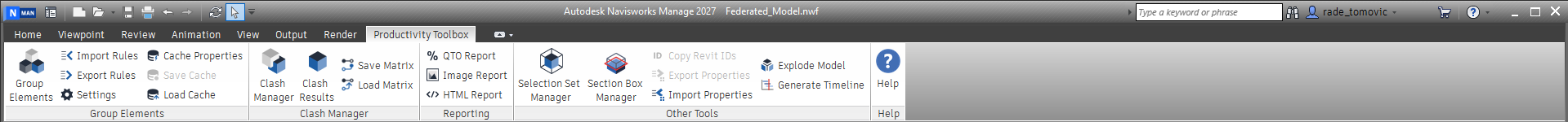 The Productivity Toolbox ribbon tab with its four tool panels and the Help panel. Copy Revit IDs, Export Properties and Save Cache are greyed out because nothing is selected and no property cache has been built yet.