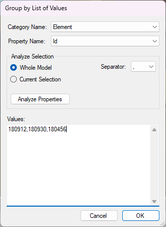 The Group by List of Values dialog with Element / Id chosen and three Revit element ids typed, separated by commas.