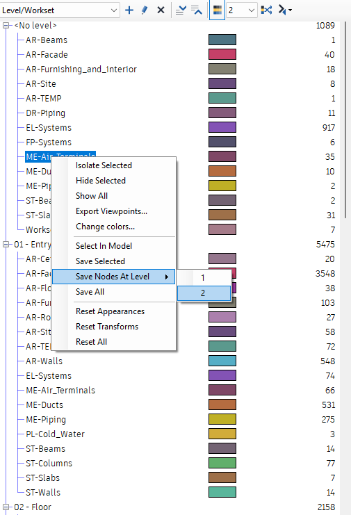 The right-click menu of the group tree with the ME-Air_Terminals group highlighted and Save Nodes At Level expanded to show levels 1 and 2.