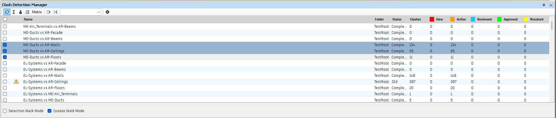 The Clash Detection Manager pane of the demo model with the three ME-Ducts tests checked, EL-Systems vs AR-Ceilings out of date (warning icon, Status "Old") and Isolate Walk Mode ticked.