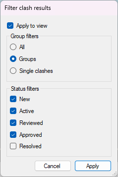 Filter clash results with Resolved unticked and Groups only.