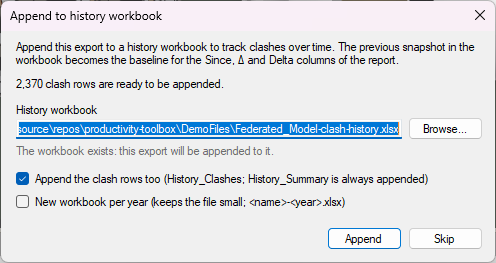 The Append to history workbook step of a Detailed export with the default workbook beside the model; the workbook exists from an earlier export, so the status line says it will be appended to.