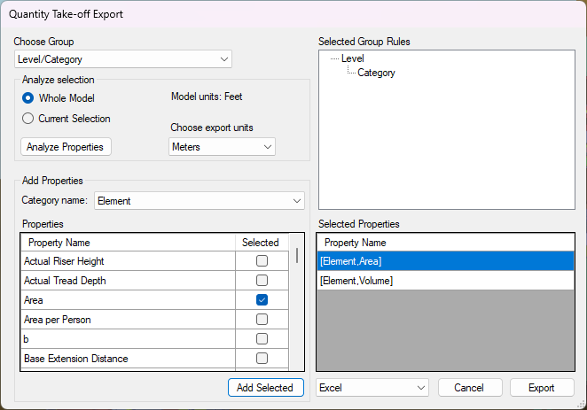 The Quantity Take-off Export dialog with the Level/Category grouping chosen, Whole Model scanned, the Element properties Area and Volume added, export units set to Meters and Excel as the file type.