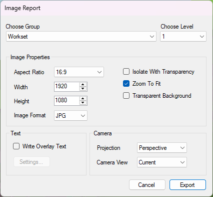 The Image Report dialog as it opens, with the Workset grouping at level 1 and every other control at its default.