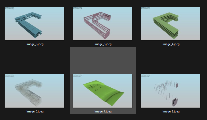 The folder of JPEG images produced for the Workset grouping, each group isolated on its own and stamped with "Rule Name: Workset" and the workset name in the top-left corner.