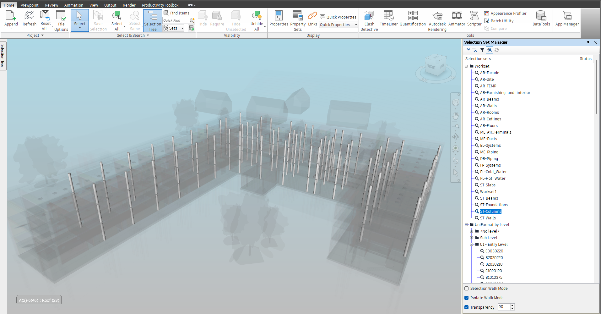Isolate Walk Mode with Transparency at 90 %, the ST-Columns set clicked: the columns stay solid and the rest of the model is dimmed around them.