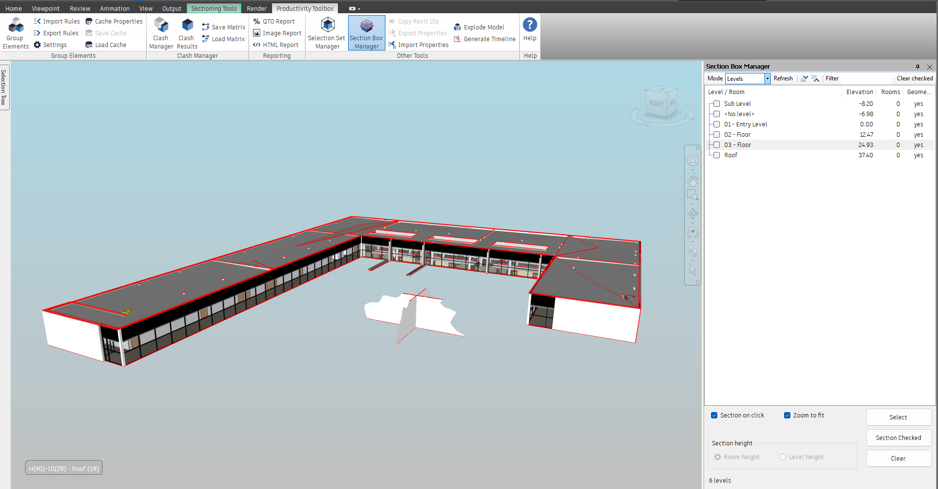 Levels mode, the six levels of the model with their elevations and no row ticked yet. The Rooms column reads 0 because rooms are not collected in this mode, and the Section height options are greyed out because they apply to rooms.