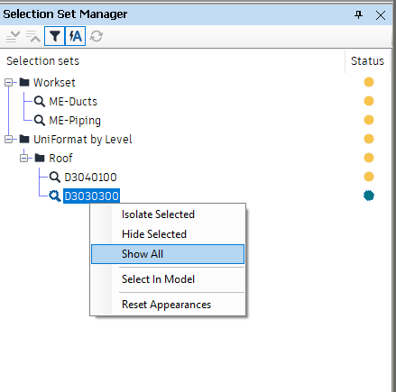 The right-click menu of the Selection Set Manager, opened on a search set whose Status is the green "equals" dot.