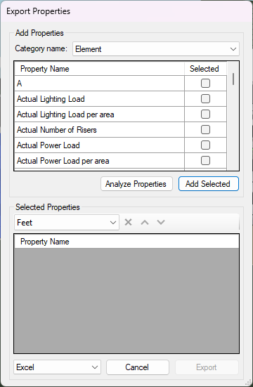 The Export Properties dialog after Analyze Properties, with the Element category chosen and nothing ticked yet. The export list is empty, so Export is greyed out.
