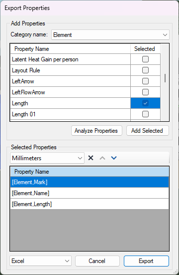 Three properties on the export list, [Element,Mark], [Element,Name] and [Element,Length], with the units set to Millimeters and the file type Excel; Length is still ticked in the grid above.