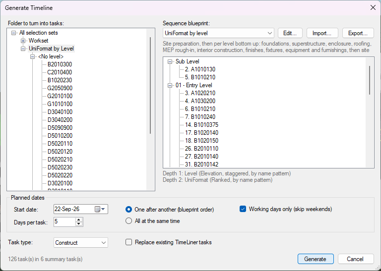 The Generate Timeline dialog with the exported folder "UniFormat by Level" highlighted and the built-in blueprint "UniFormat by level" chosen. The preview shows the tasks of the first two levels in build order, the bindings read "Depth 1: Level" and "Depth 2: UniFormat", and the summary line reads "126 task(s) in 6 summary task(s)".