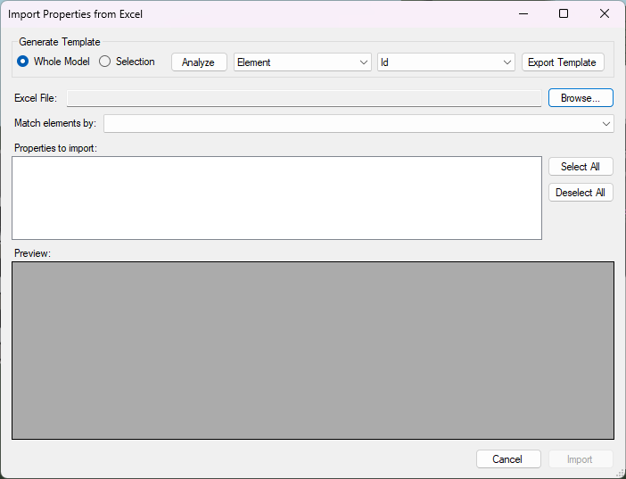 The Import Properties from Excel dialog before a file is chosen: the scope is Whole Model and the identifier drop-downs already offer Element / Id from the property cache. Import stays greyed out until a file is chosen.