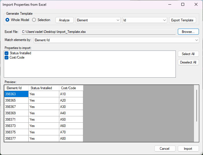The filled-in template chosen in the dialog: Match elements by Element/Id, the added columns Status/Installed and Cost/Code both ticked, and Preview showing the first rows.