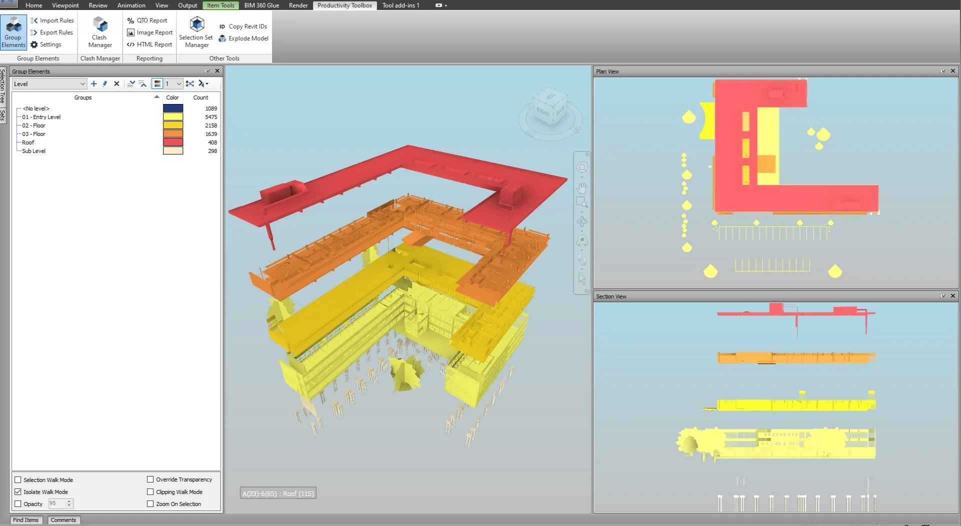 Tri-pane viewport with 3D, plan, and section views color-coded by building level